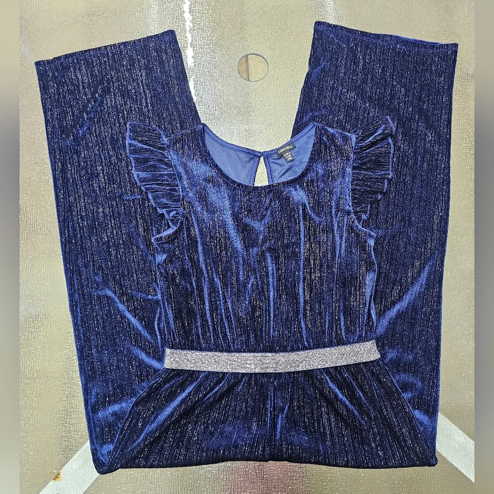 Zunie Girls Jumpsuit Blue Velvet Sparkle Ruffle Sleeve Holiday Party Outfit 10 - Picture 7 of 9